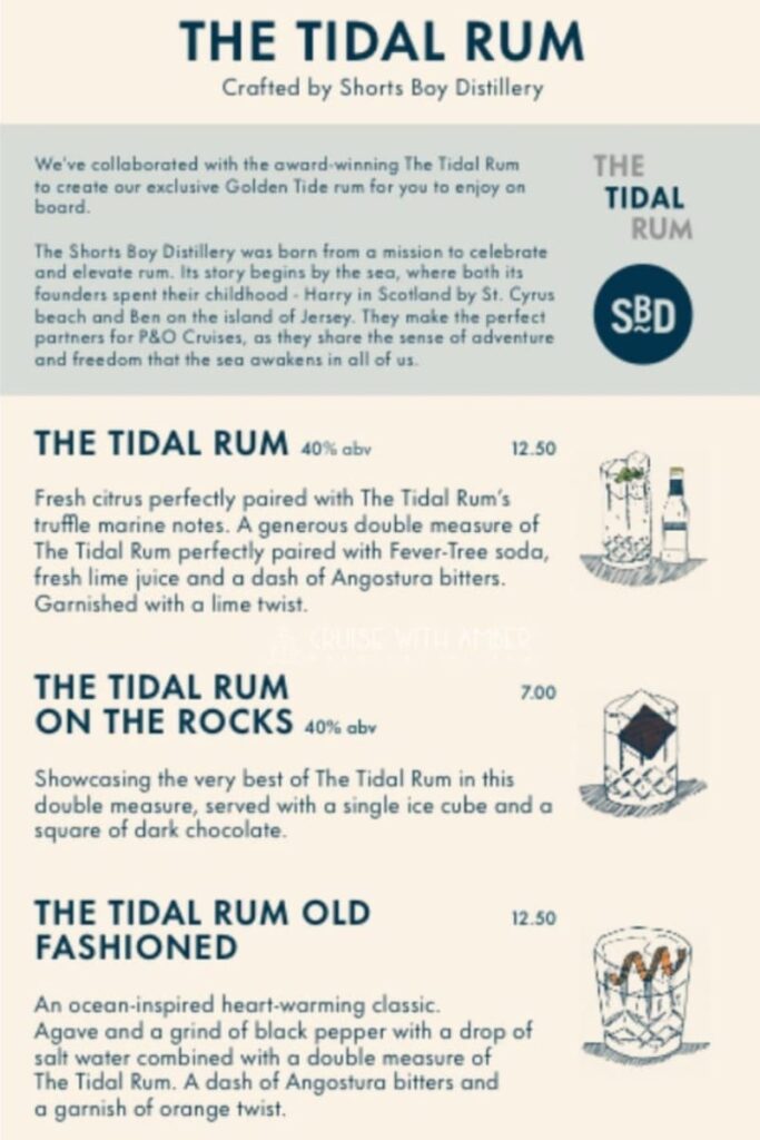 P&O Cruises Arvia Andersons Bar Drinks Menu. Rum Drinks Menu on Arvia