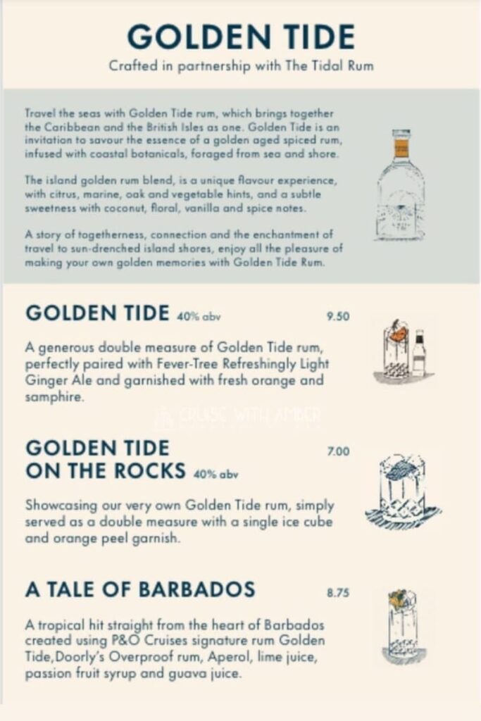P&O Cruises Arvia Andersons Bar Drinks Menu. Rum Drinks Menu on Arvia