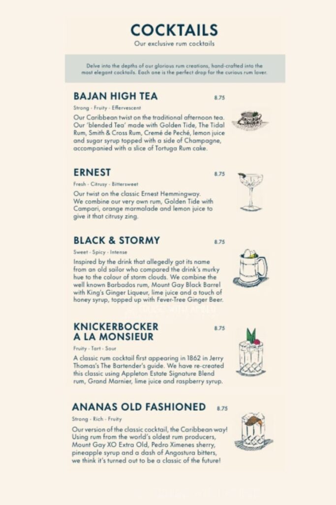 P&O Cruises Arvia Andersons Bar Drinks Menu. Rum Drinks Menu on Arvia