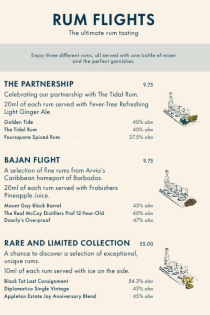 P&O Cruises Arvia Andersons Bar Drinks Menu. Rum Drinks Menu on Arvia