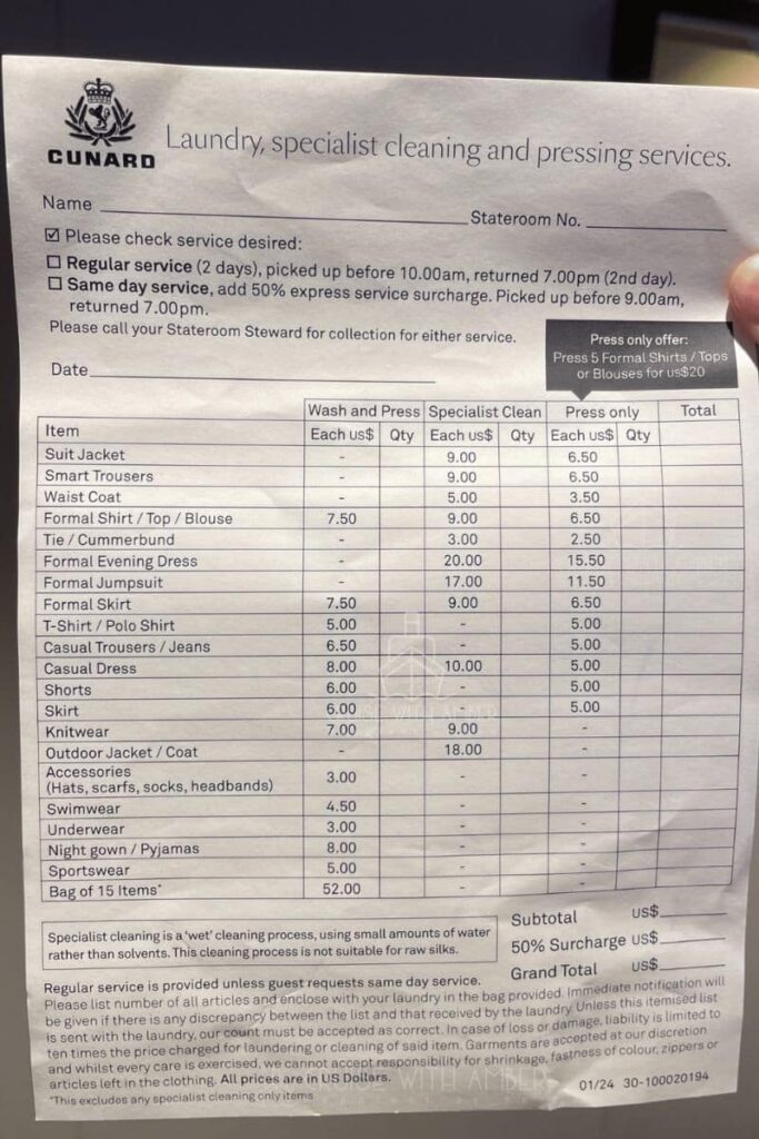 Cunard Laundry Prices 2026
