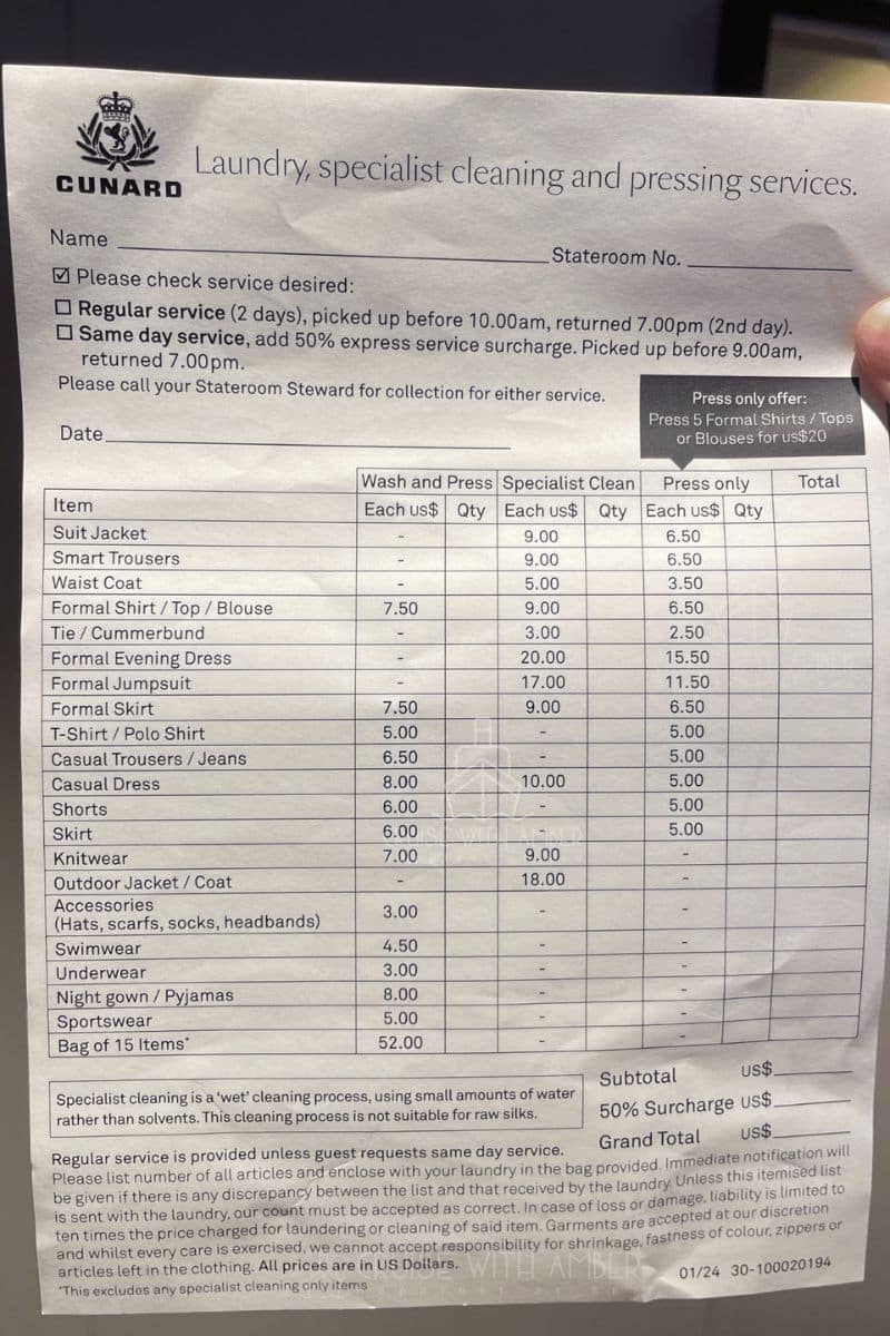 Cunard Laundry Prices 2026