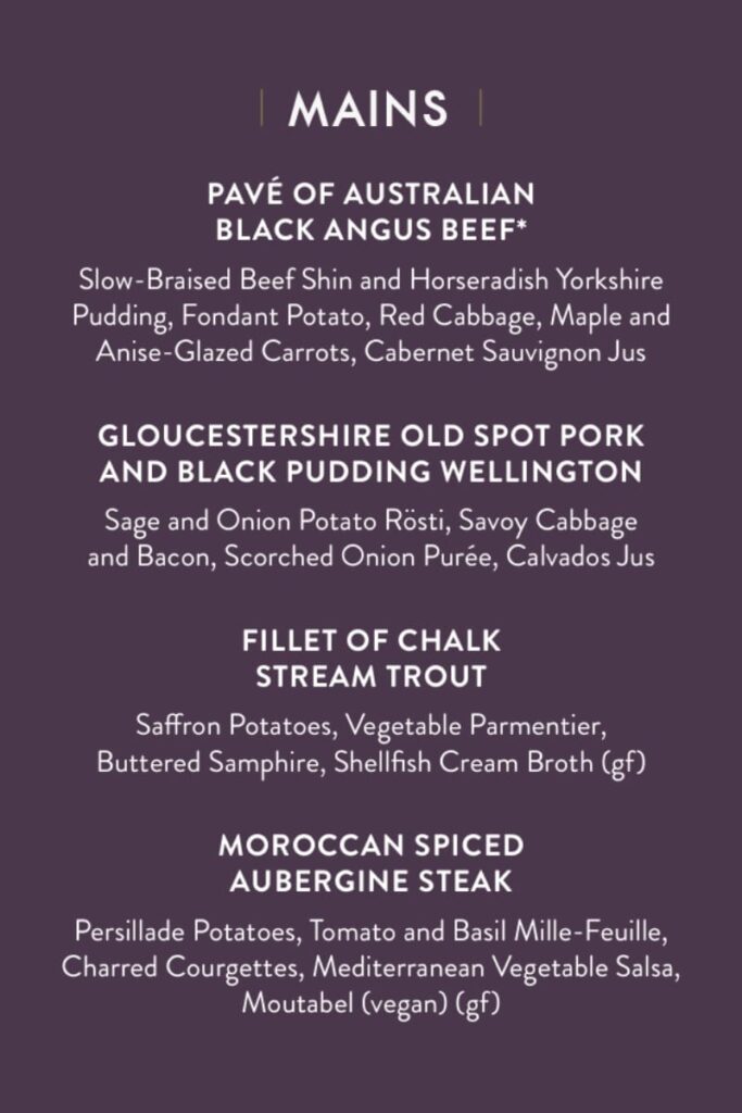 P&O Cruises Limelight Club menu