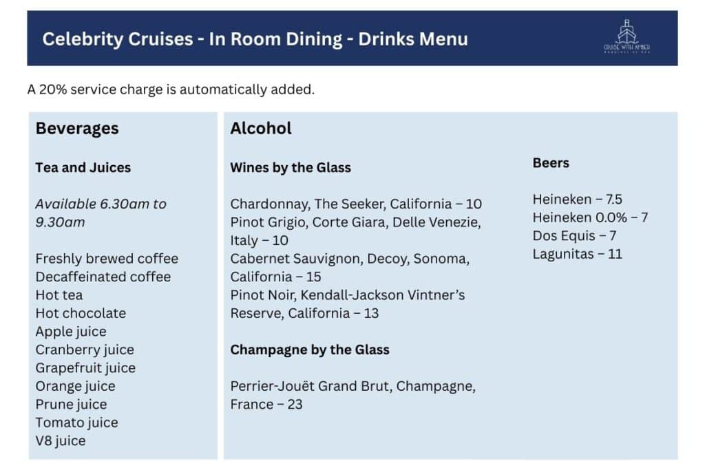 Celebrity Cruises Room Service Menu